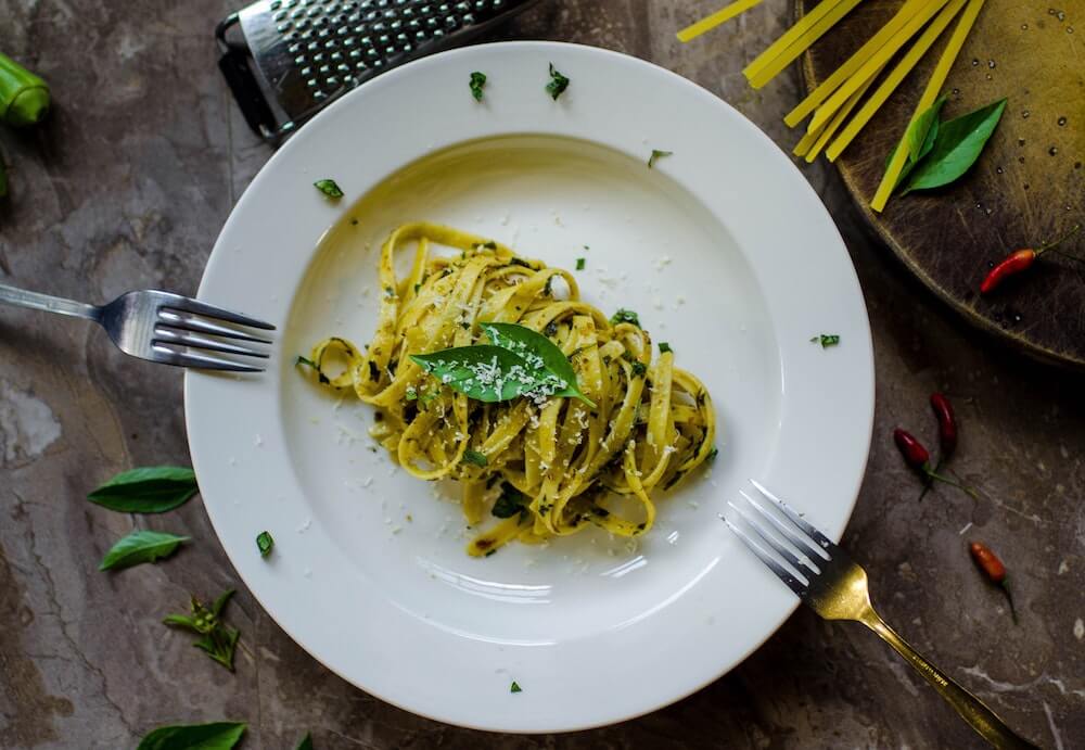 A plate of pesto pasta